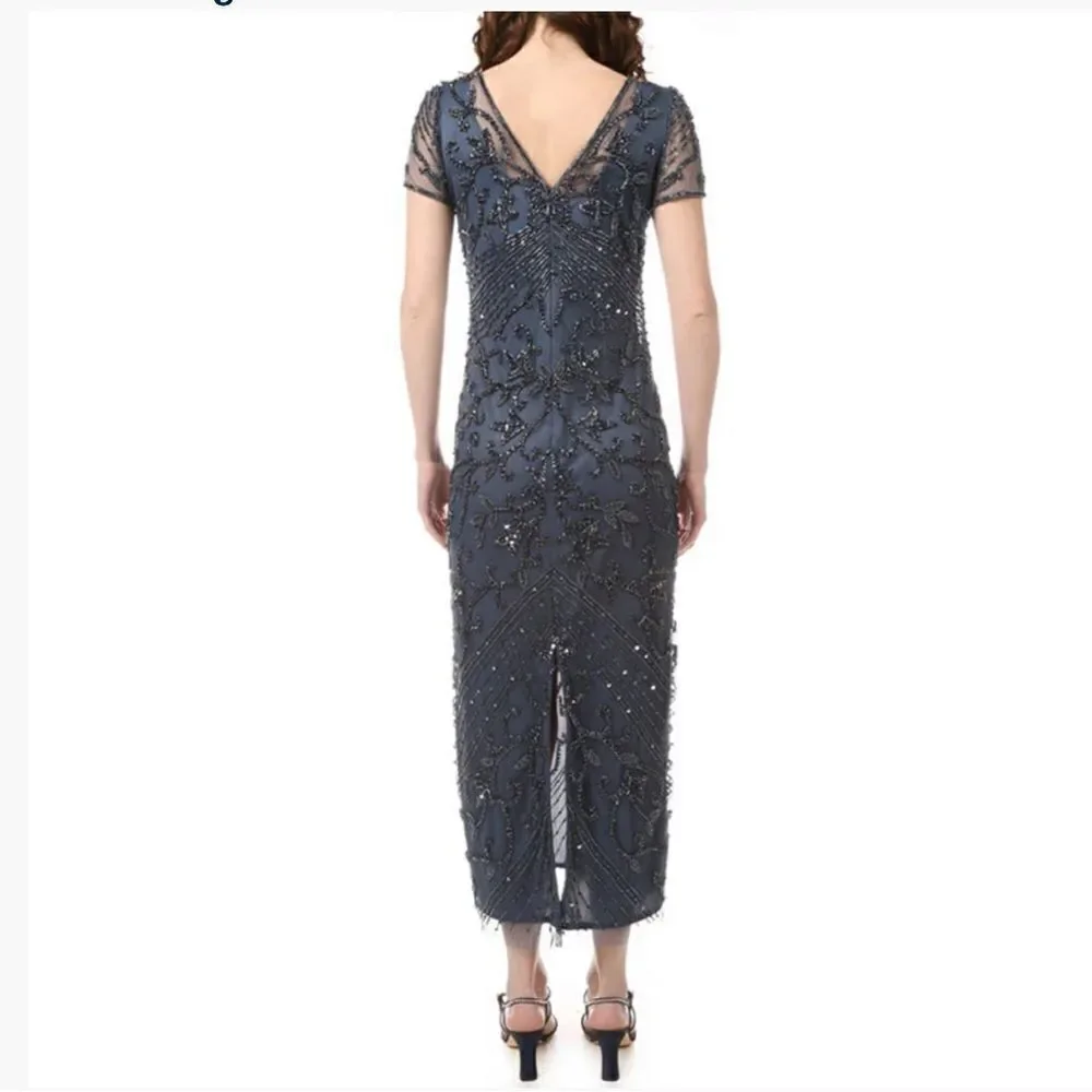 Pisarro Nights Beaded Long Short Sleeve Gown, Size 14, Charcoal Gray, NWT - Picture 3 of 11